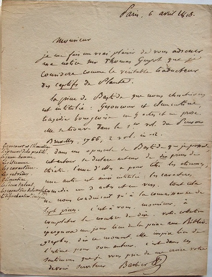 Le bibliographe Barbier travaille sur Bastide et Guyot.